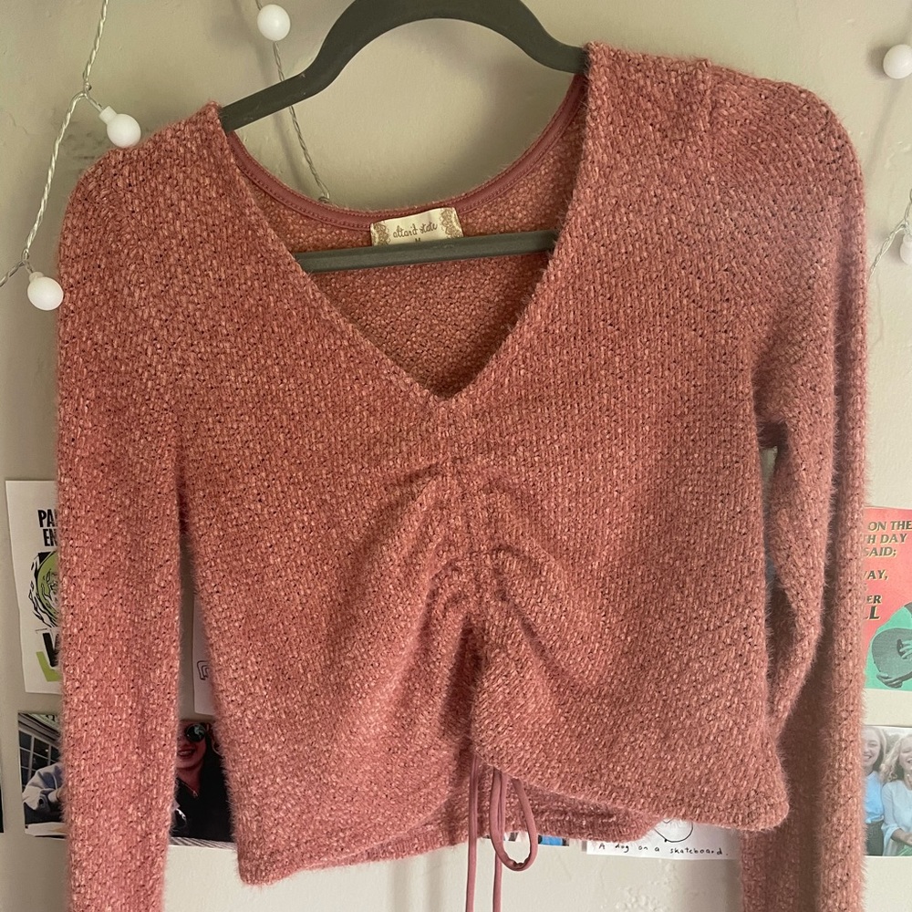 coral ruched crop sweater